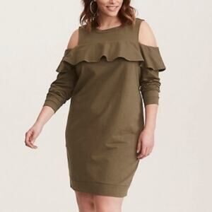 Torrid Ruffle Sweatshirt Dress Olive Green Cold Shoulder Long Sleeve Plus Sz 1X